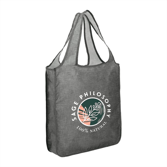 A large, grey reusable shopper tote with a design featuring a logo and leafy motifs.