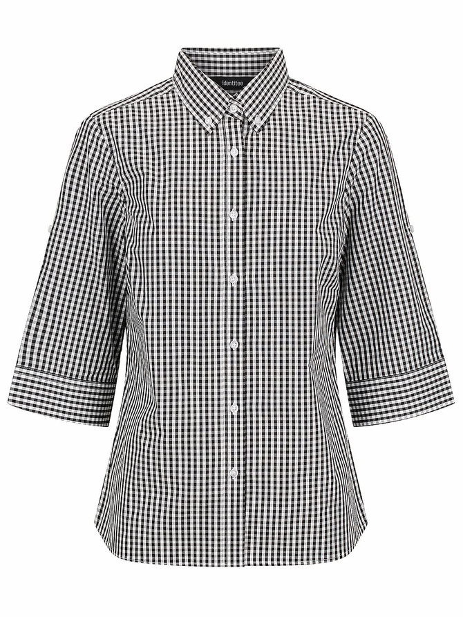 A black and white checked ladies' 3/4 sleeve button-up shirt with a collar and branding.