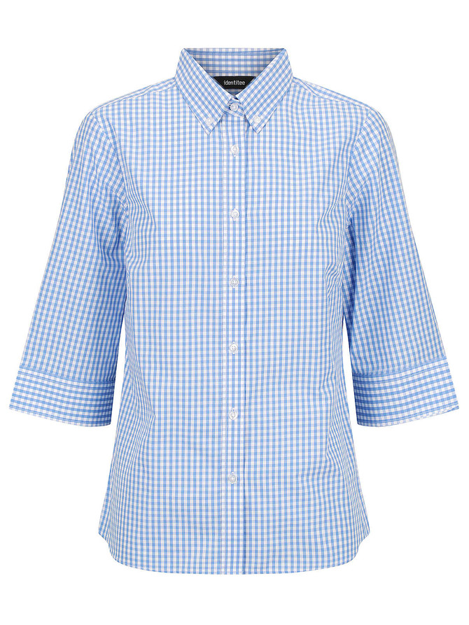 A blue and white checked button-up shirt with 3/4 sleeves and a collar. It features a logo.