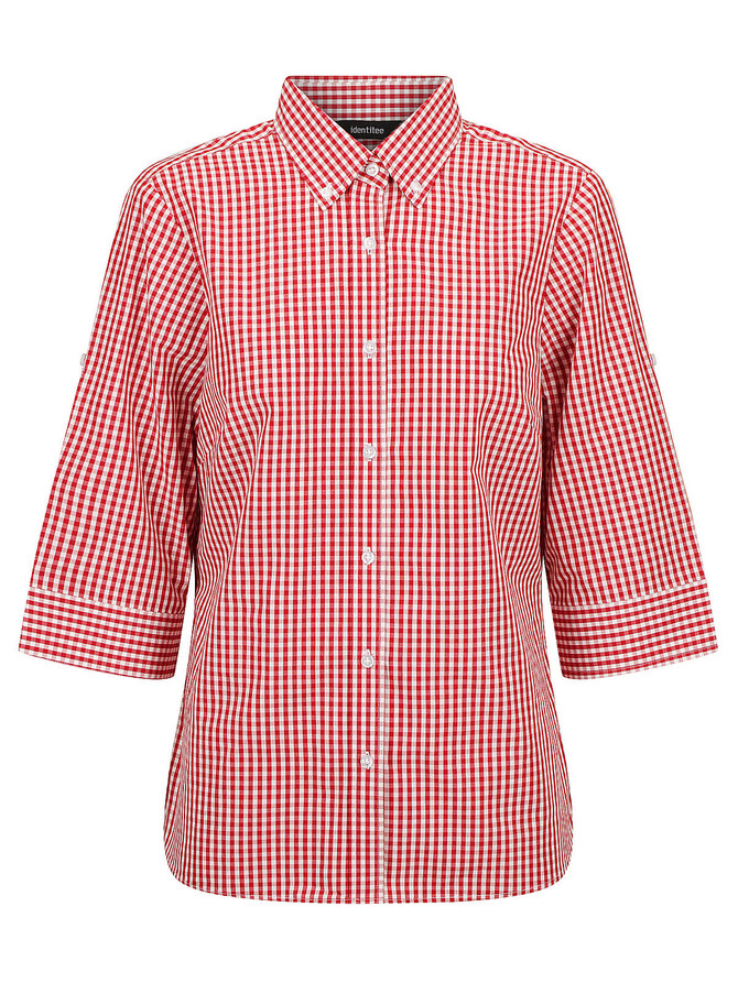 A red and white checkered 3/4 sleeve button-up shirt with a collar and a logo.