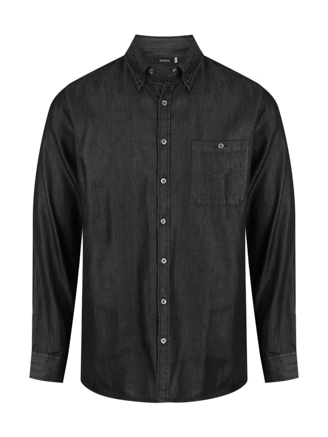 A black long sleeve button-up shirt with a single chest pocket and a collar. It features a logo on the chest.