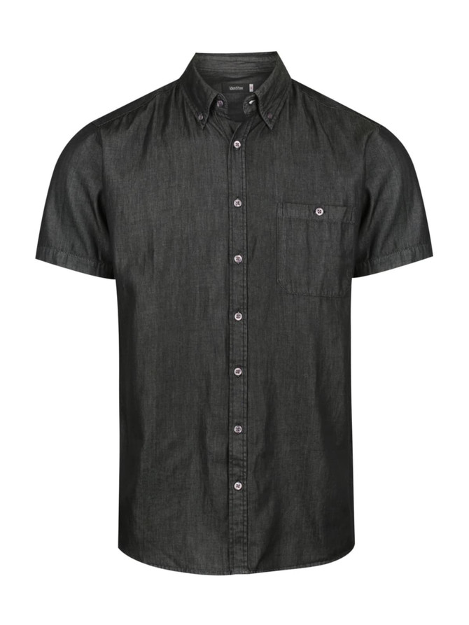 A short sleeve button-up shirt in dark grey, featuring a chest pocket and a collar. It has a logo on the label.