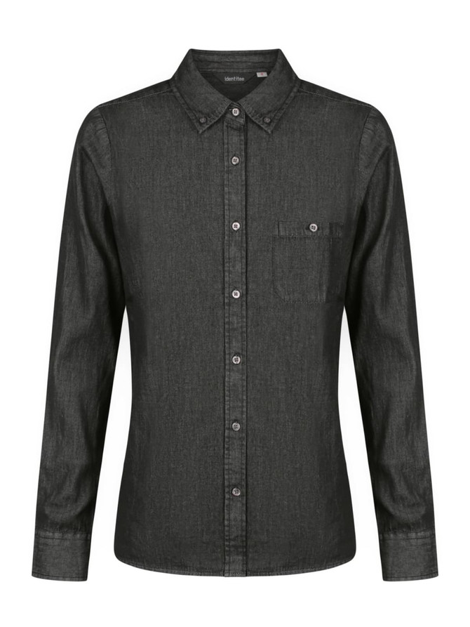 A ladies long sleeve button-up shirt in dark grey with a chest pocket and a branded label.
