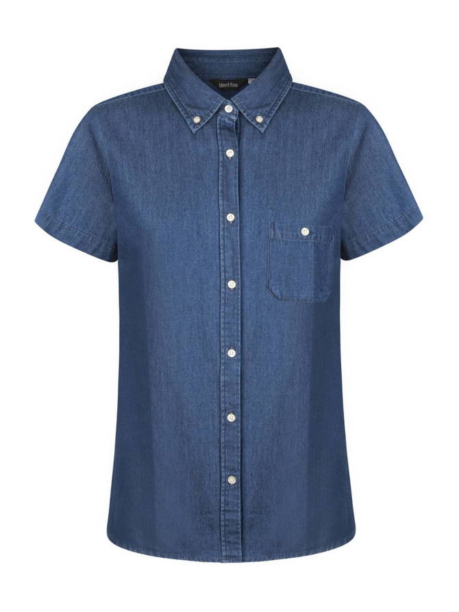 A short-sleeved button-up shirt in a dark blue denim fabric, featuring a pocket and a collar. The shirt has a logo.