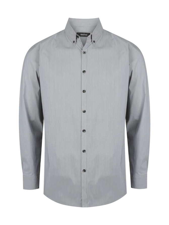 A long sleeve men's shirt in light grey with a button-up front and a collar. It features a logo on the label.