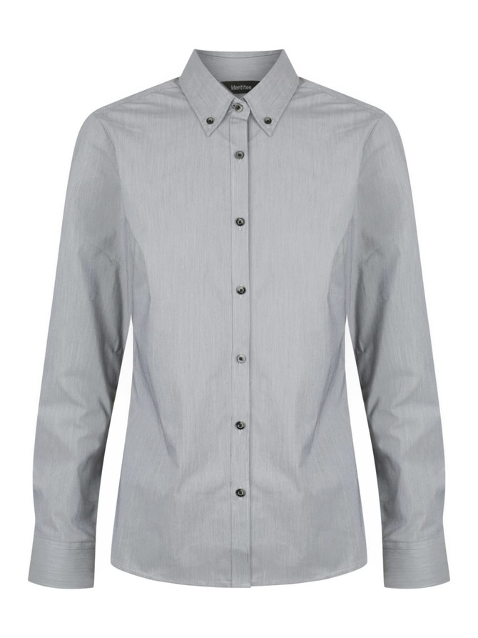 A long sleeve button-up shirt in light grey with a collar and buttons down the front, featuring a brand logo.