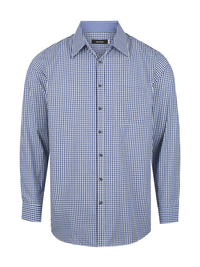 A blue and white check patterned long sleeve button-up shirt with a collar and front buttons.