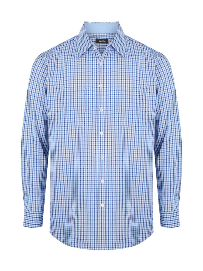 A men's long sleeve button-up shirt in blue and white check pattern, featuring a collar and button closure.
