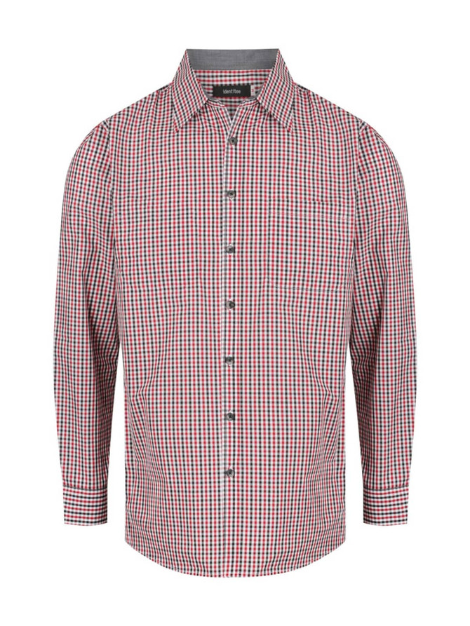 A red and blue checkered button-up shirt featuring long sleeves and a collar, with a logo on the chest.
