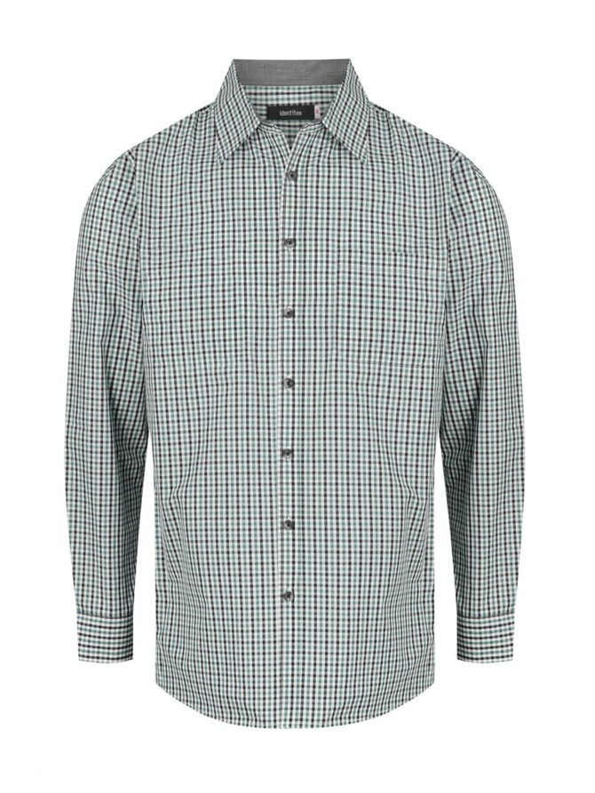 A green and white checkered long sleeve button-up shirt with a collar and logo detail.