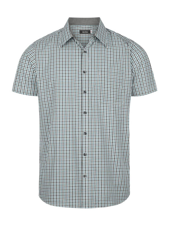 A short sleeve button-up shirt in a green and white check pattern with a collar and a logo.