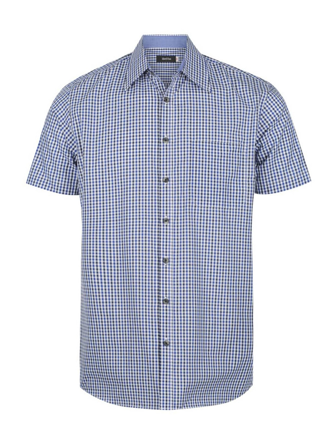 A short sleeve button-up shirt in blue and white check pattern, featuring a pocket and a logo.