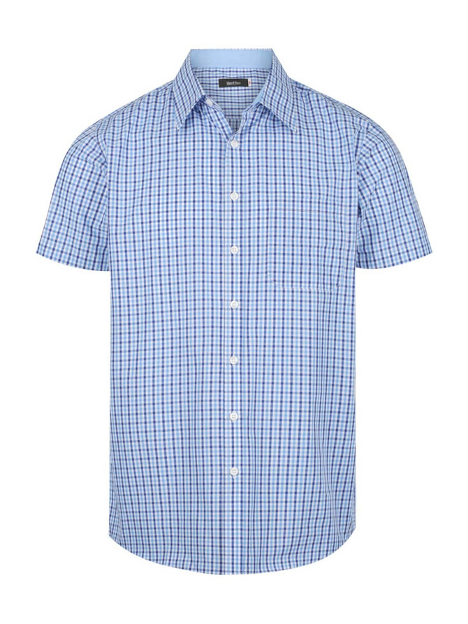 A blue and white checked short sleeve button-up shirt featuring a pocket and a logo on the chest.