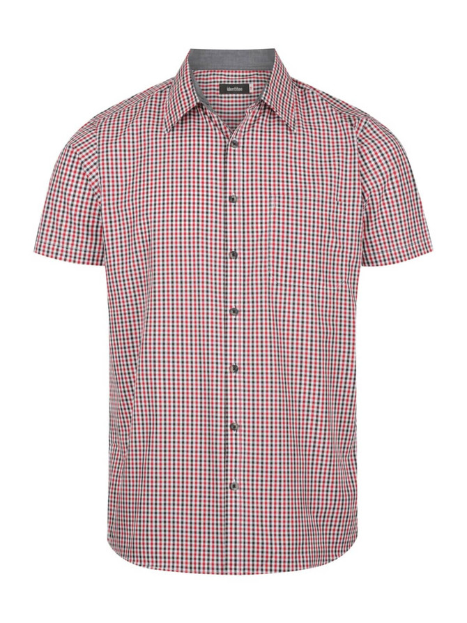Short sleeve button-up shirt featuring a red and black check pattern. The shirt has a collar and front buttons.
