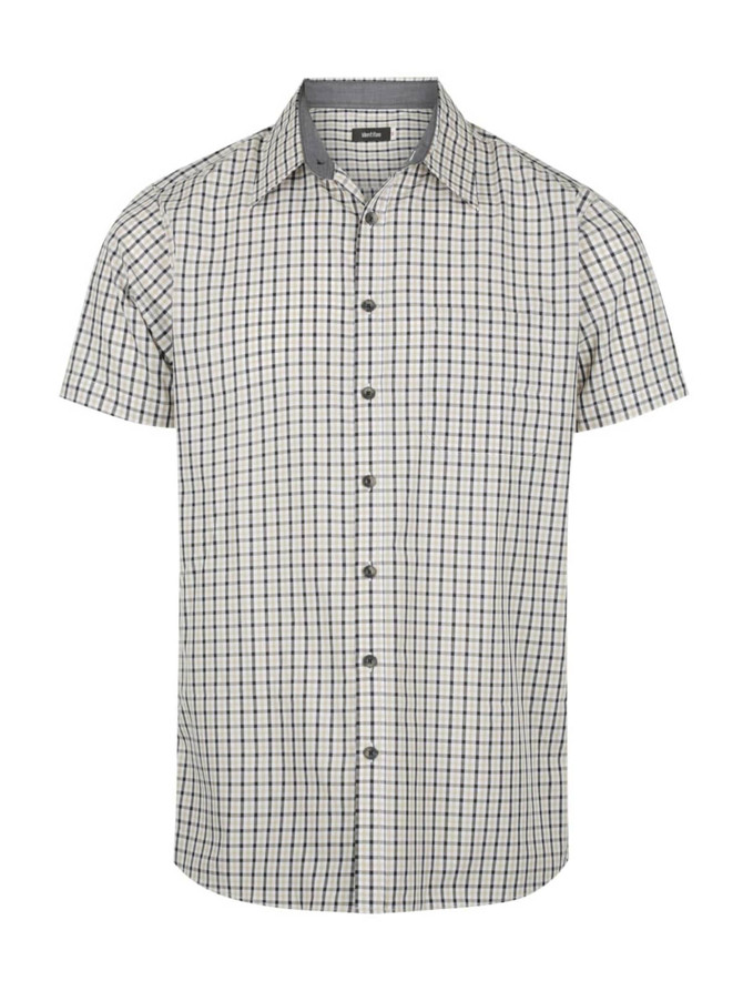A short sleeve button-up shirt in a light checked pattern with navy accents. It features a logo on the label.