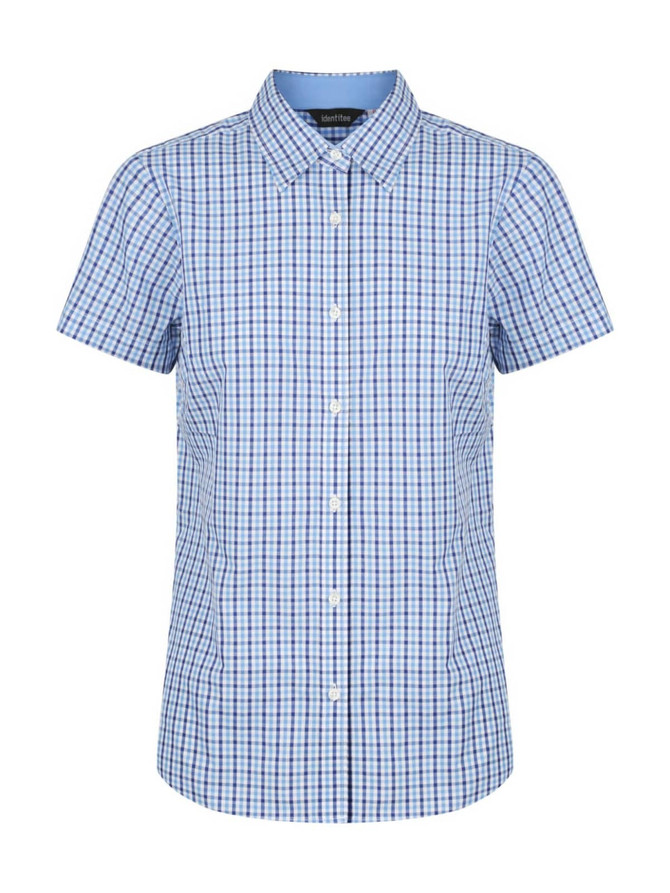 A blue and white checked short sleeve button-up shirt with a collar and front buttons. Features a logo on the label.