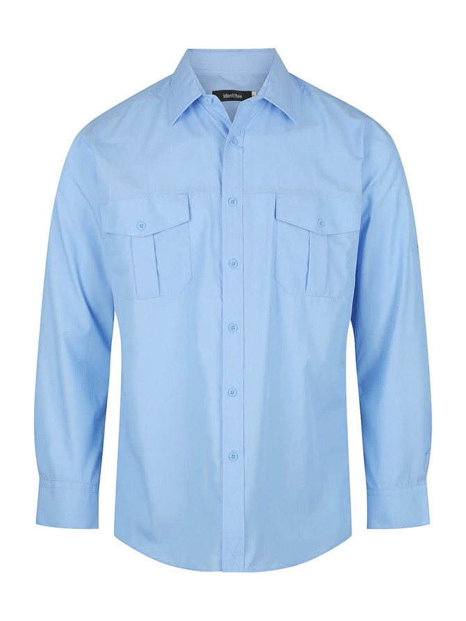 A light blue men's long sleeve button-up shirt with two front pockets and a collar. It has a logo.