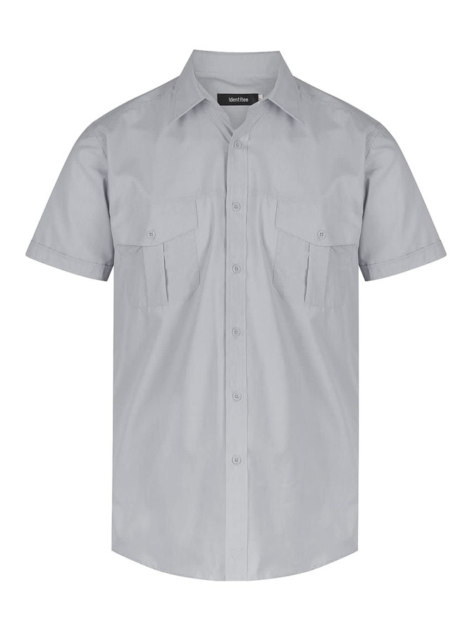 A short-sleeve button-up shirt in light grey with two chest pockets and a logo on the label.