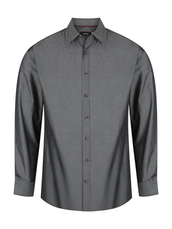 A grey long sleeve button-up shirt with a structured collar and a branding logo on the label.