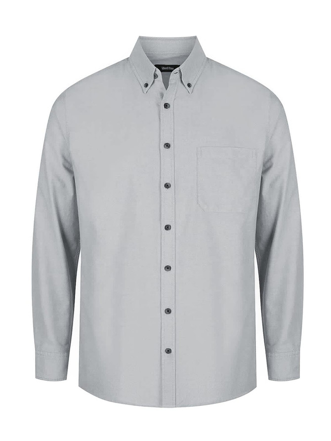A light grey long sleeve button-up shirt with a chest pocket and a collar, featuring buttons down the front.