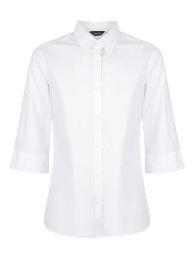 A white ladies' button-up shirt with 3/4 sleeves, featuring a collar and a logo.