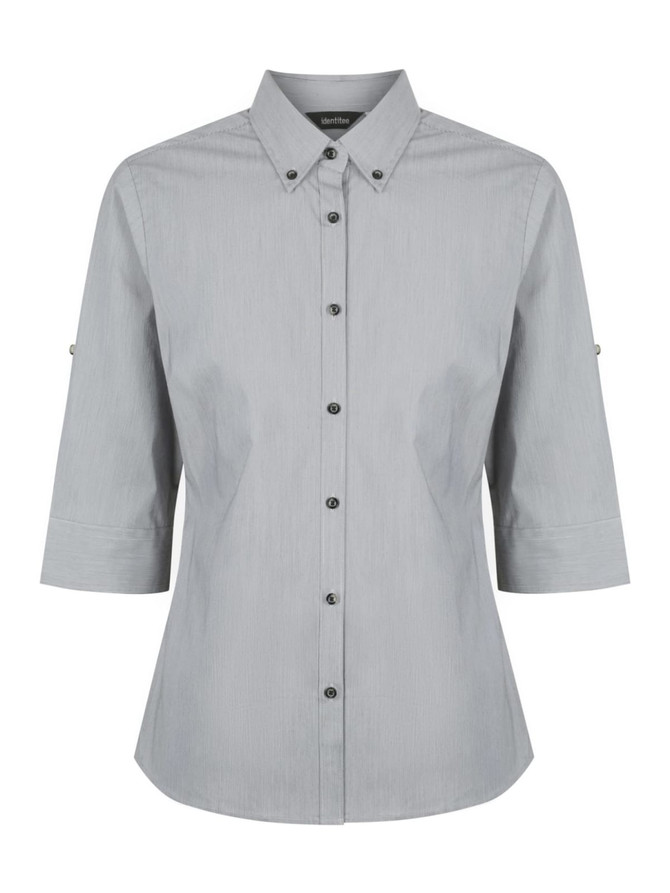 A light grey ladies' 3/4 sleeve button-up shirt with a collar and logo detailing.