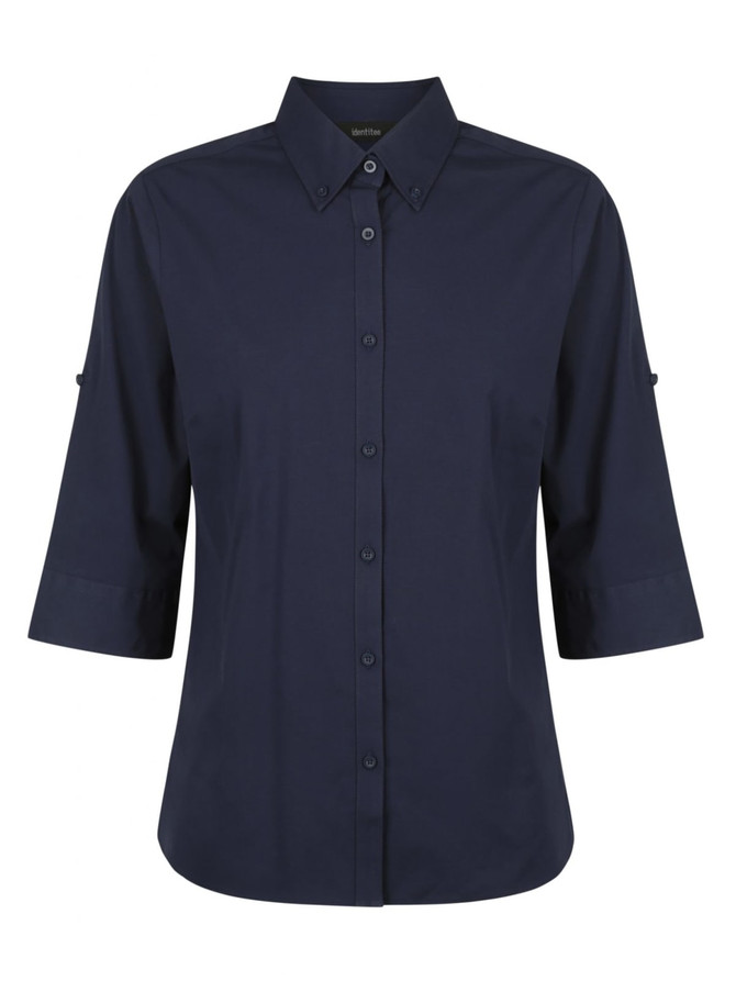 A button-up shirt in navy blue with 3/4 sleeves and a collar, featuring a logo.