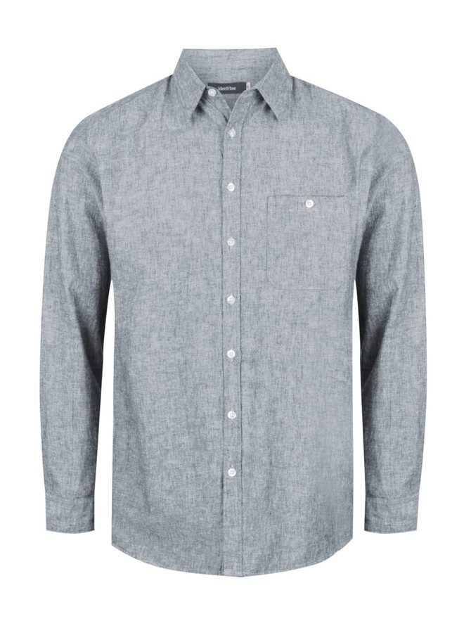 A grey button-up long sleeve shirt featuring a chest pocket and a collar, with a logo on the label.