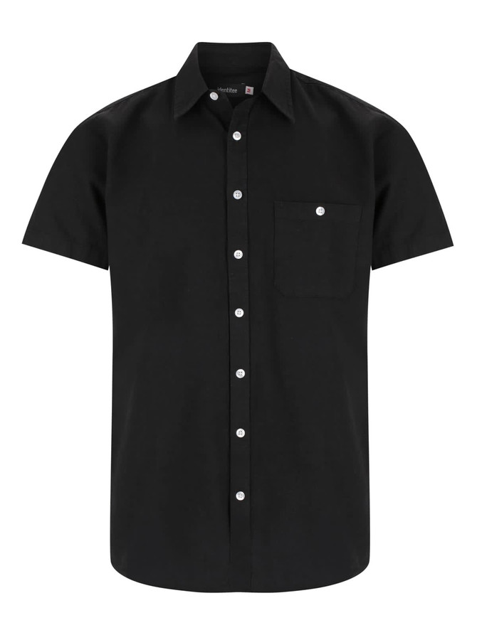 A black short sleeve button-up shirt featuring a front pocket and a logo.