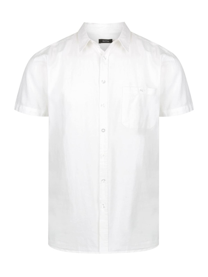 A white short sleeve button-up shirt with a chest pocket and a logo on the chest.