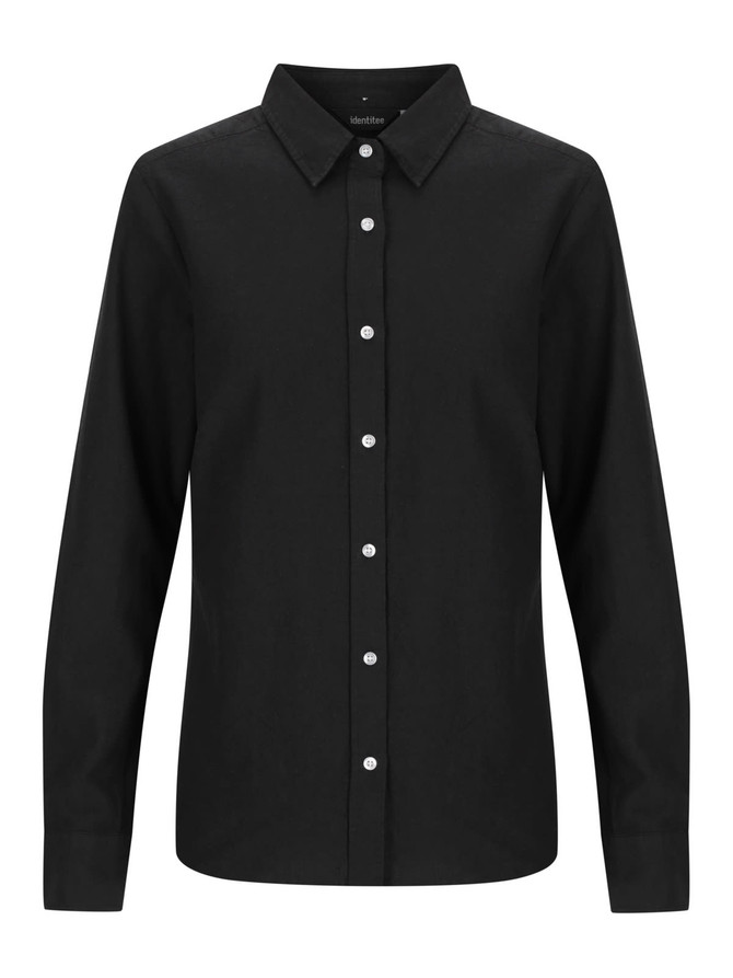 A black ladies' long sleeve button-up shirt featuring a collar and front button closure, with a logo visible.
