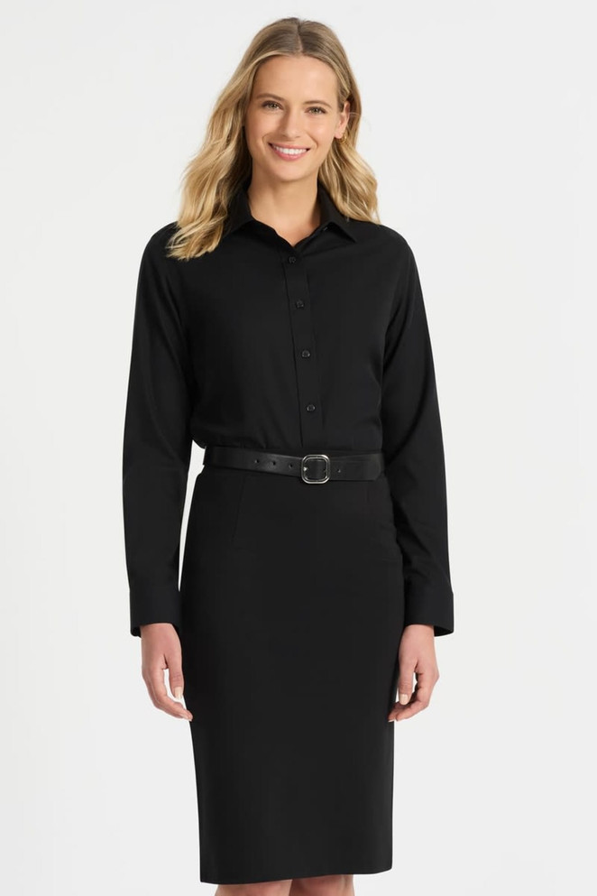 A black ladies long sleeve button-up shirt, worn with a black belt, featuring a classic collar and button closure.