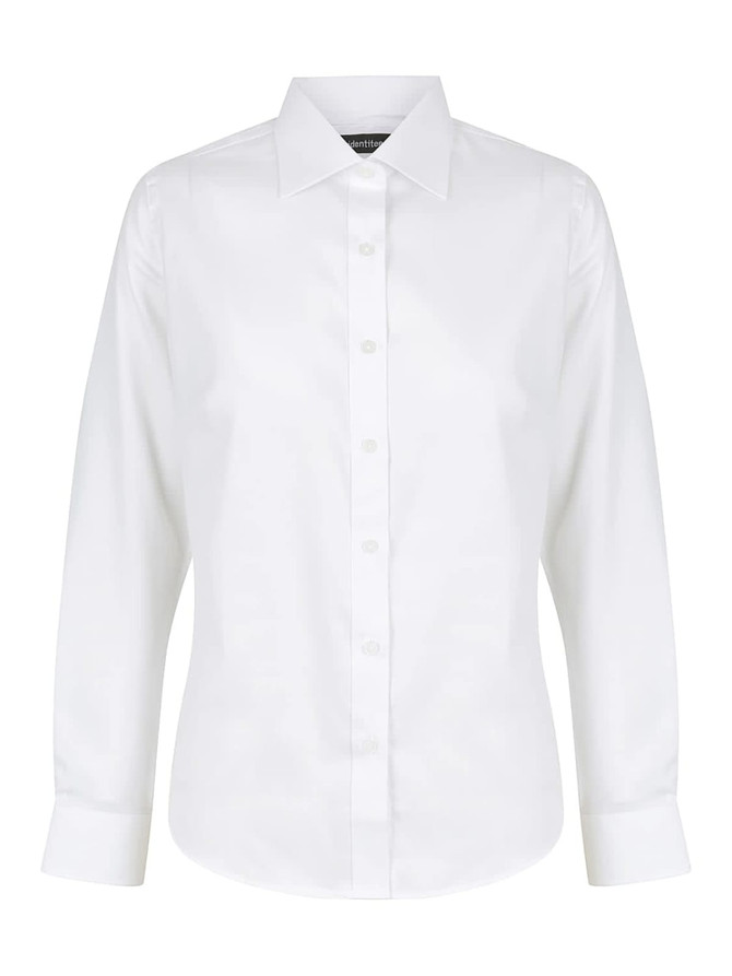 A white long sleeve button-up shirt with a collar and cuffed sleeves, featuring a logo on the chest.