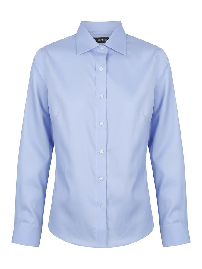 A light blue ladies' long sleeve button-up shirt with a collar and a logo.