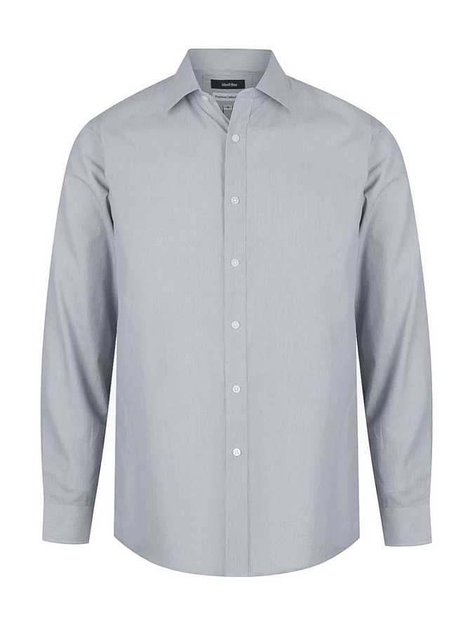 A light grey long sleeve button-up shirt with a collar and a logo on the label.
