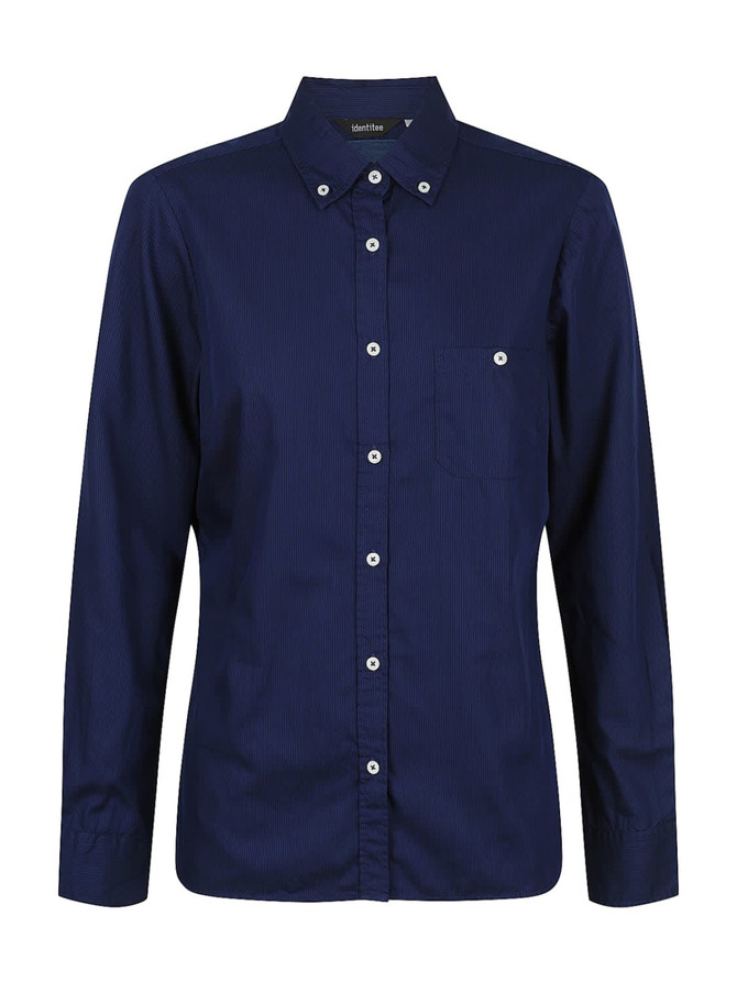 A ladies long sleeve button-up shirt in navy with a pocket and a collar, featuring a logo.