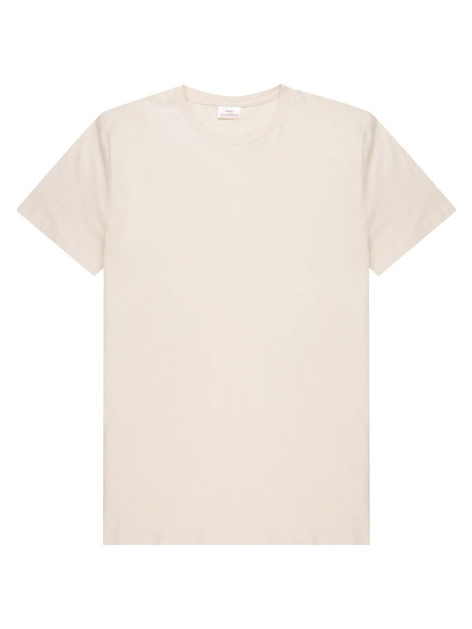 A men's t-shirt in a soft beige colour, featuring a simple design and a logo.
