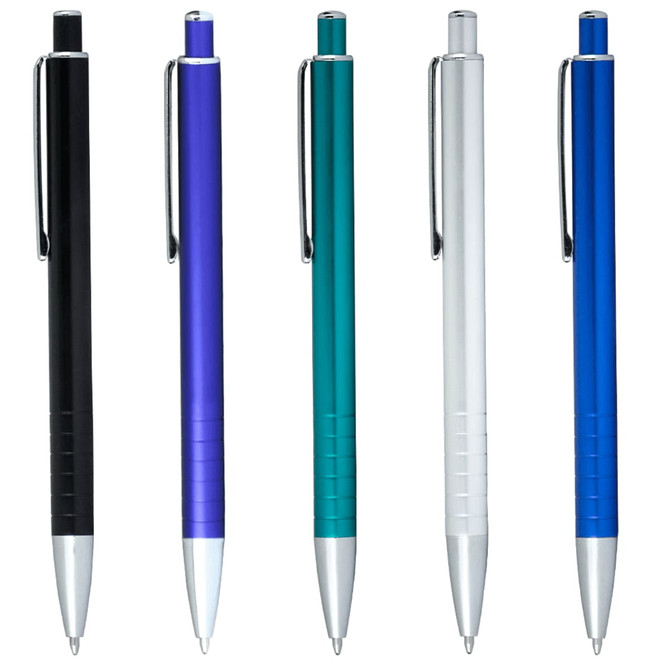 A set of five Molero Click Action Ballpoint Pens in black, purple, teal, silver, and blue with a clip and grip design.