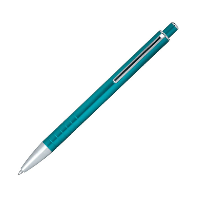 A turquoise ballpoint pen with a click action mechanism and a silver clip.