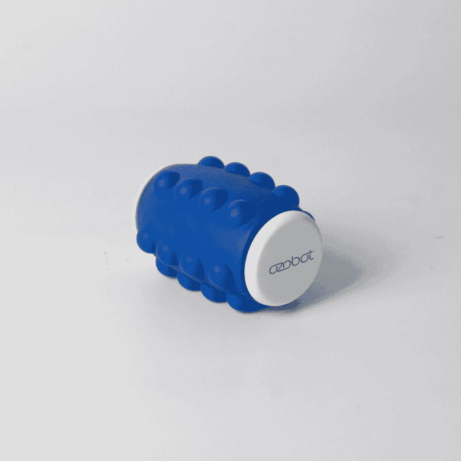 A blue Whirl Popper Spinner with a white top and bottom, featuring a logo on one side.
