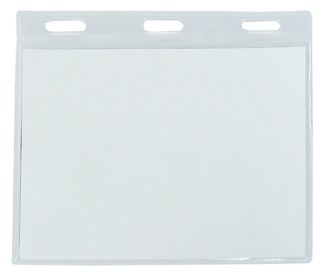 A clear plastic name badge holder featuring three slots at the top. It is designed for displaying identification.