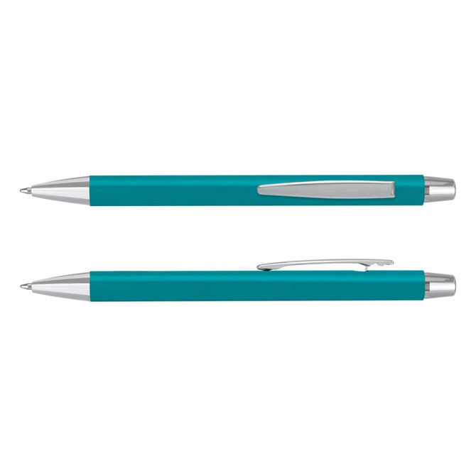 A teal pen with a silver clip and accents, featuring a logo on the barrel.