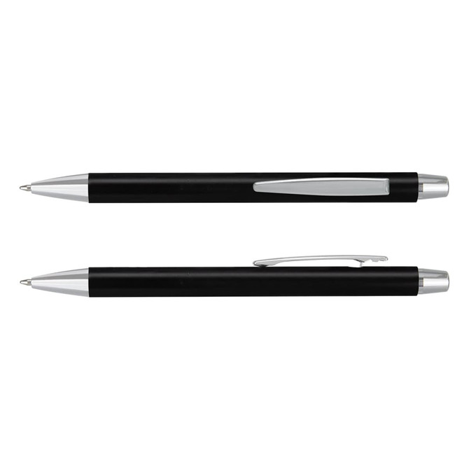 A black laser cut logo pen with silver accents, featuring a sleek design and a clip for easy attachment.