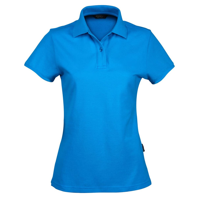 A blue polo shirt for ladies featuring a classic collar and a logo on the side.