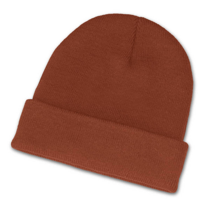 A brown beanie with a folded cuff and a textured knit design.