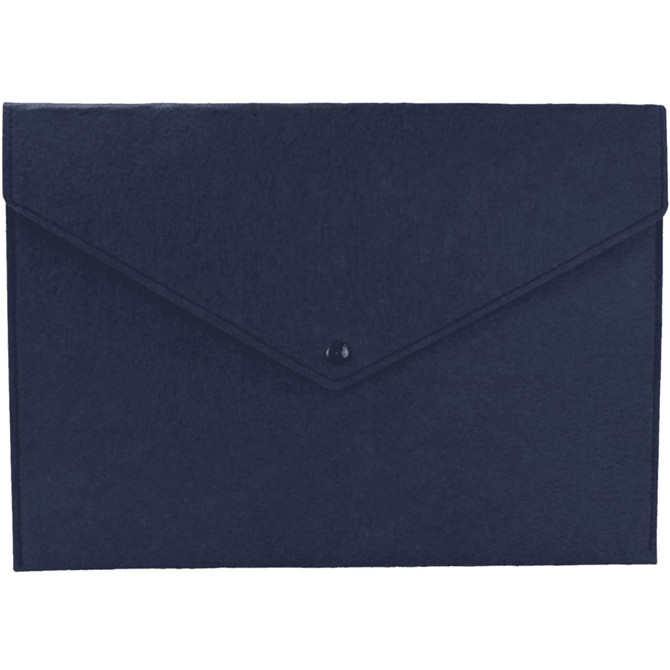 A navy felt folder with a button closure, featuring a smooth exterior and a classic envelope design.