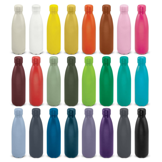 A drink bottle collection featuring various colours including white, yellow, orange, brown, pink, and more. Each bottle has a logo.