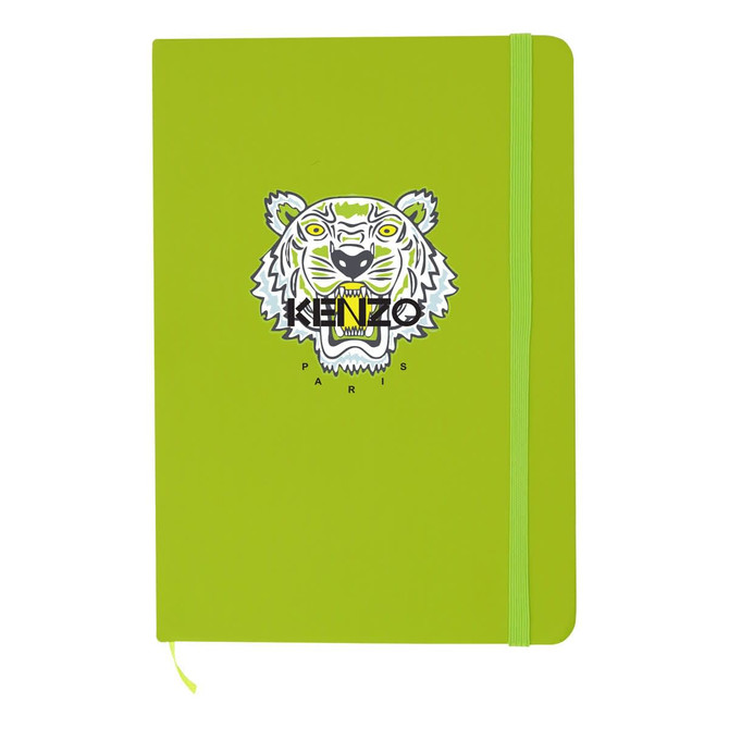 A bright green A5 notebook featuring a tiger logo and a matching elastic band closure.