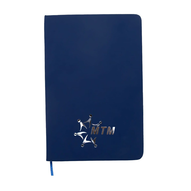 A navy blue A5 notebook with a silver logo at the bottom and a blue ribbon bookmark.