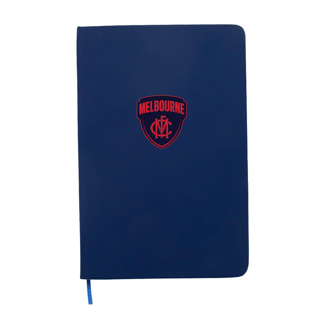A navy A5 notebook featuring a logo on the front and a matching blue ribbon marker.